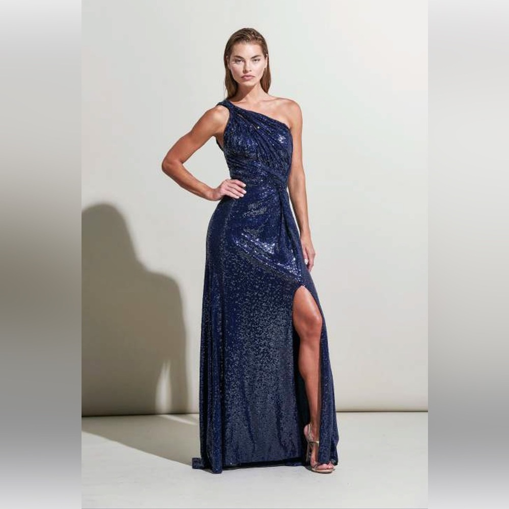 Navy sequin twist front Rene Ruiz gown!